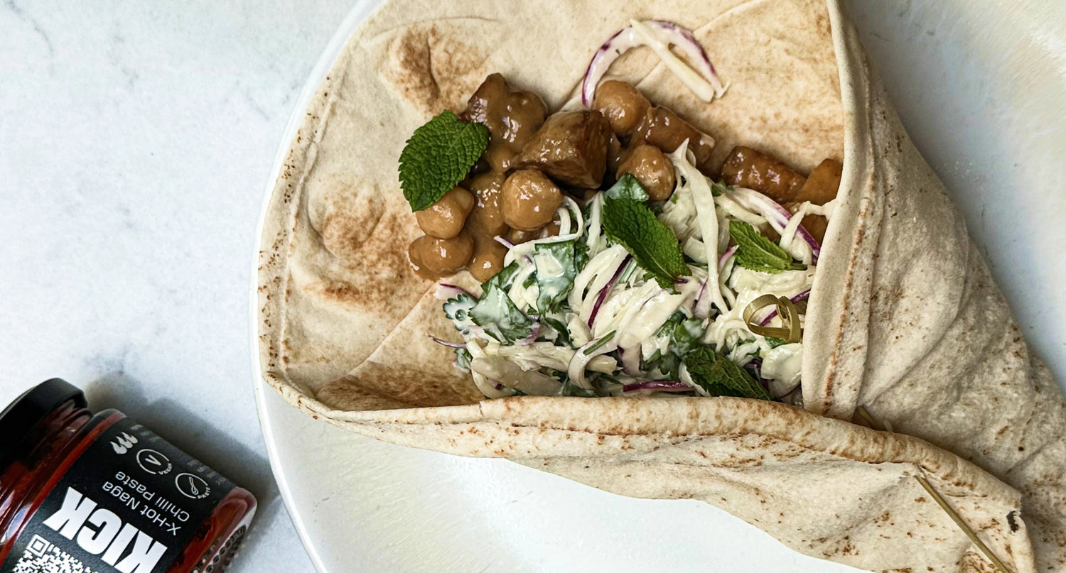 Chickpea and tofu wrap with tahini, lime, coriander slaw